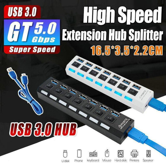7 Port Usb 3.0 High Speed Extension Hub Splitter Extender For Pc Laptop Macbook - White.