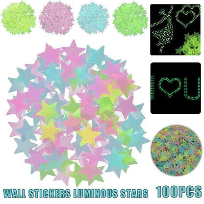 100 Pieces Glow-in-the-Dark Luminous Star Wall Stickers for Bedroom or Ceiling Decor - Blue