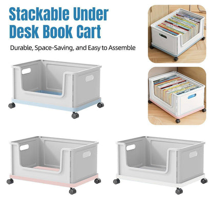 Under Desk Book Storage Box with Wheels Movable Classroom Student Organiser Rack - Blue.