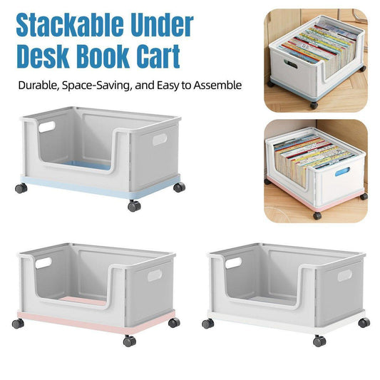 Under Desk Book Storage Box with Wheels Movable Classroom Student Organiser Rack - Blue.