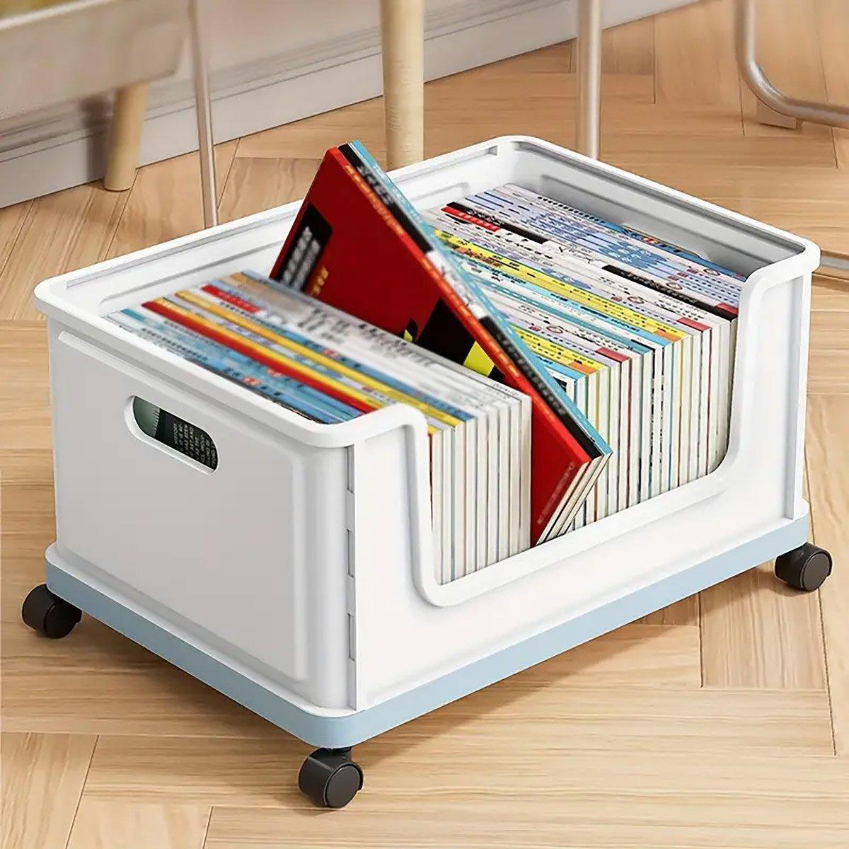 Under Desk Book Storage Box with Wheels Movable Classroom Student Organiser Rack - Blue.