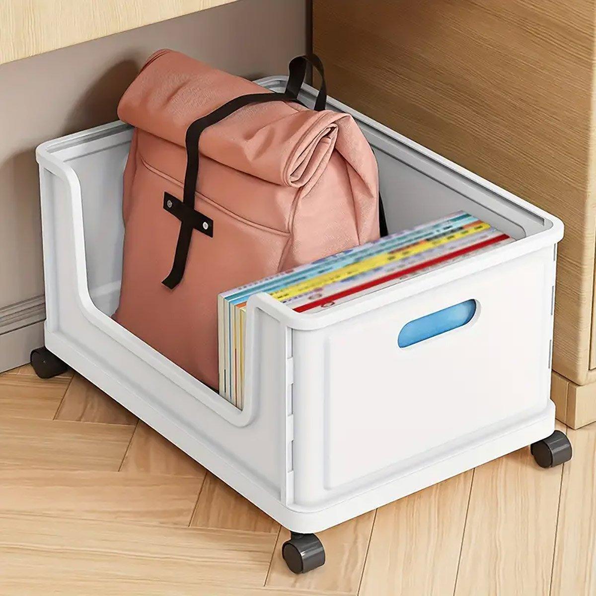 Under Desk Book Storage Box with Wheels Movable Classroom Student Organiser Rack - Blue.