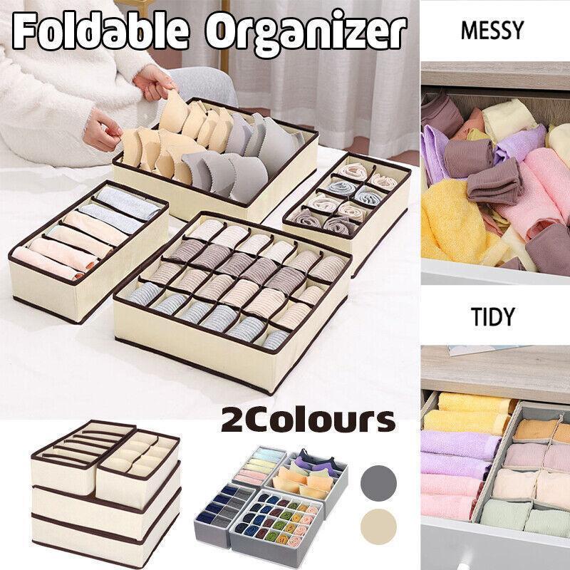 Drawer Organizer Set Foldable Storage Box Divider for Bra Underwear Closet 4pcs - Beige.
