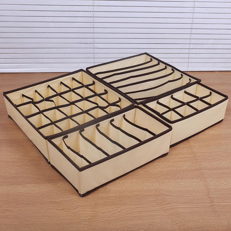 Drawer Organizer Set Foldable Storage Box Divider for Bra Underwear Closet 4pcs - Beige.