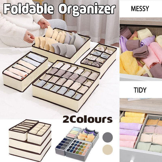 Drawer Organizer Set Foldable Storage Box Divider for Bra Underwear Closet 4pcs - Grey.