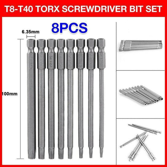 8PCS T8 to T40 Torx Screwdriver Bit Set 100mm S2 Steel Hex Tip Head.