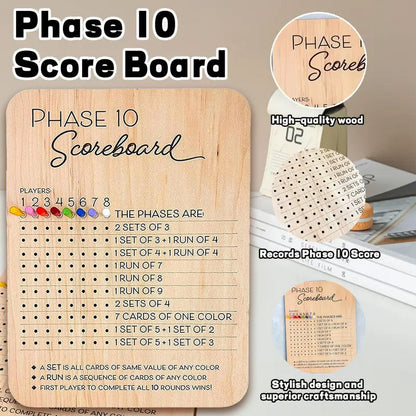 Phase 10 Score Board Wooden Phase 10 Scorecard Reusable for Family Game Tabletop.