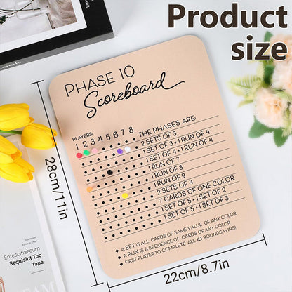 Phase 10 Score Board Wooden Phase 10 Scorecard Reusable for Family Game Tabletop.