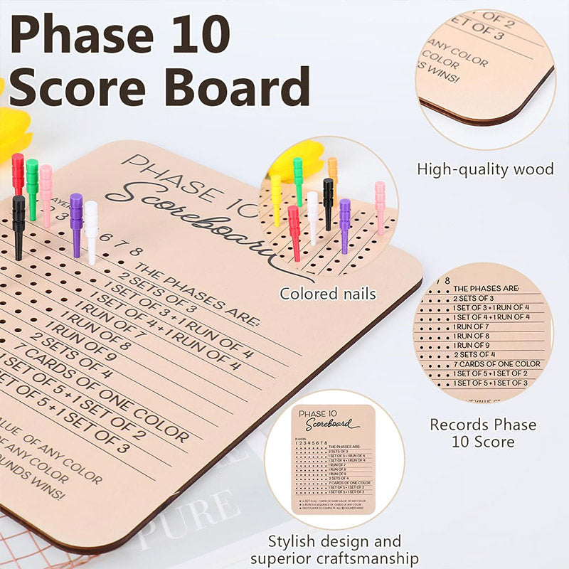 Phase 10 Score Board Wooden Phase 10 Scorecard Reusable for Family Game Tabletop.