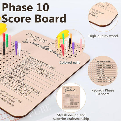 Phase 10 Score Board Wooden Phase 10 Scorecard Reusable for Family Game Tabletop.