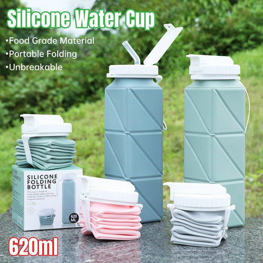 620ml Silicone Folding Water Bottle Food Grade Outdoor Sports Kettle High Temp - Green.