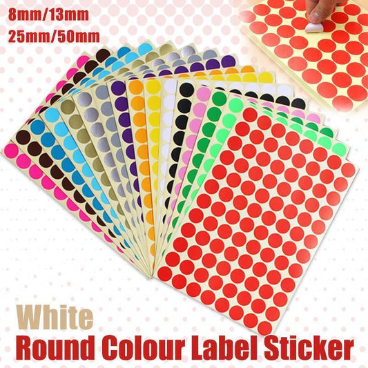 8/13/25/50mm Colour Sticker Dots Adhesive Round Labels Circular Scrapbooking White - 25mm 40 Dots - 1 Sheet.