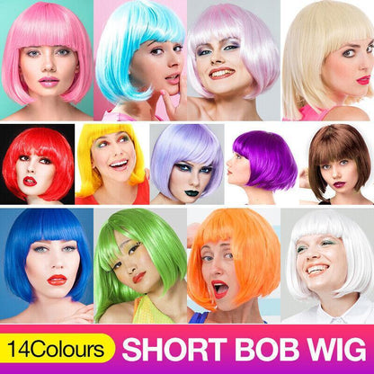 Short Bob Wig with Bangs for Women Synthetic Cosplay Party Hair in 14 Colours - Yellow