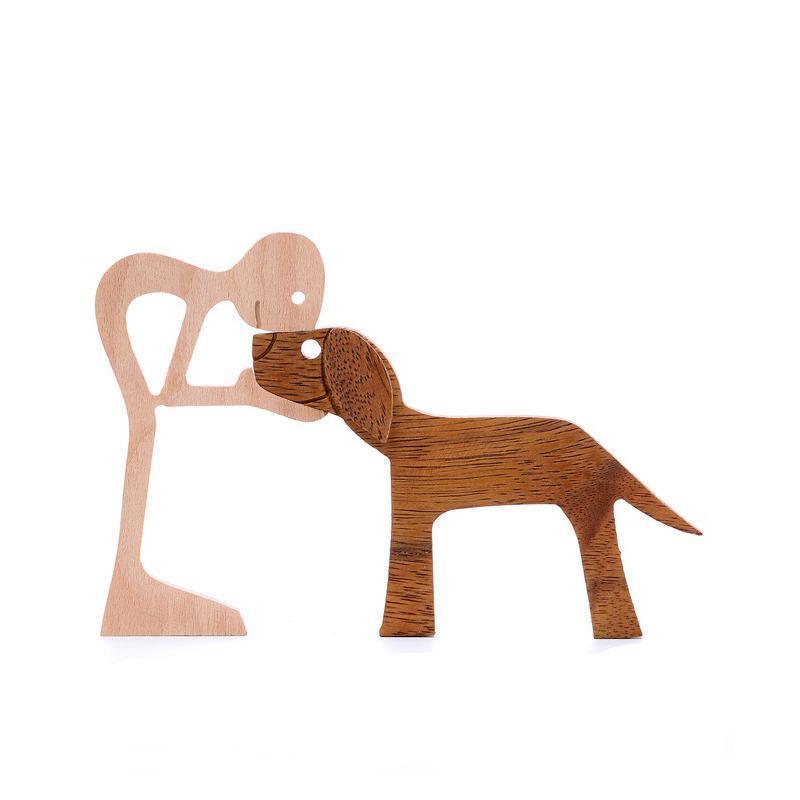 Handmade Wooden Statue Sitting Family and Dog Craft Home Decor - B07