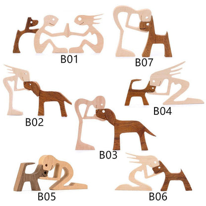 Handmade Wooden Statue Sitting Family and Dog Craft Home Decor - B02