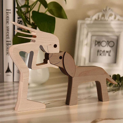 Handmade Wooden Statue Sitting Family and Dog Craft Home Decor - B02