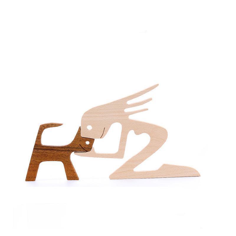 Handmade Wooden Statue Sitting Family and Dog Craft Home Decor - B02