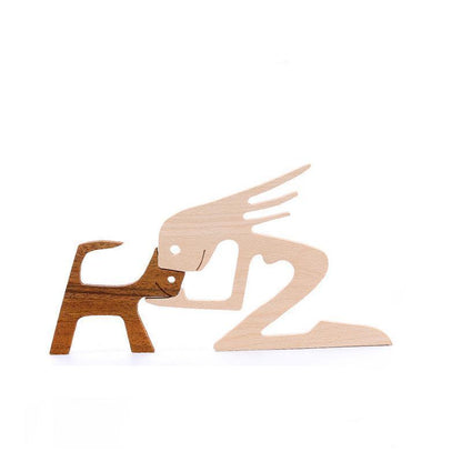 Handmade Wooden Statue Sitting Family and Dog Craft Home Decor - B02