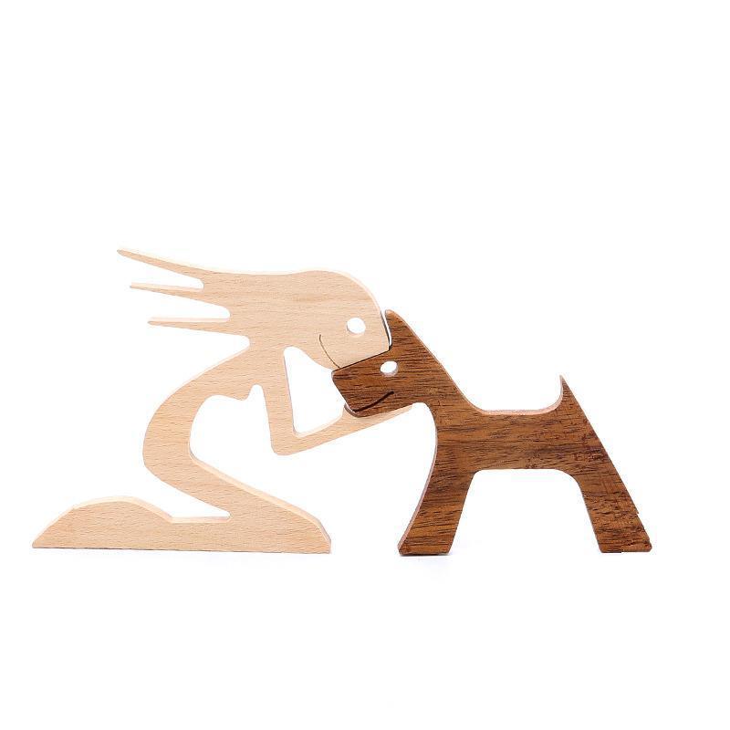 Handmade Wooden Statue Sitting Family and Dog Craft Home Decor - B02