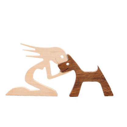 Handmade Wooden Statue Sitting Family and Dog Craft Home Decor - B02