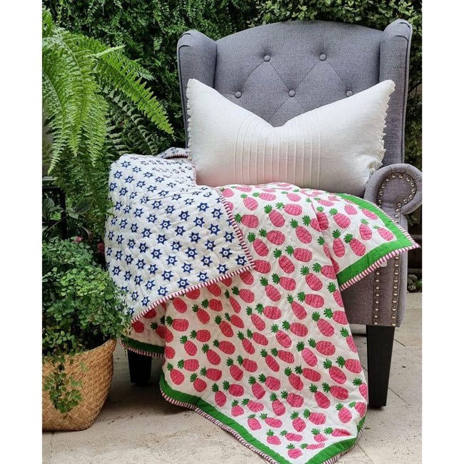 GOTS Certified Organic Cotton Reversible Baby Quilt (100x120cm) - Pink Pineapple Hover Image