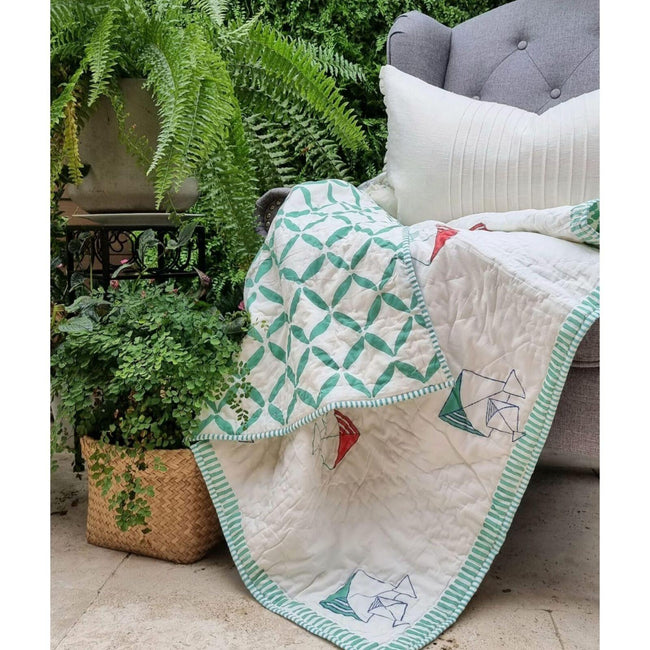 GOTS Certified Organic Cotton Reversible Baby Quilt (100x120cm) - Pretty Kites (Green) Hover Image