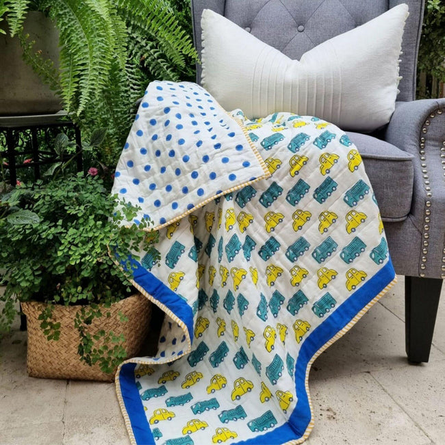 GOTS Certified Organic Cotton Reversible Baby Quilt (100x120cm) - Yellow Cars Hover Image