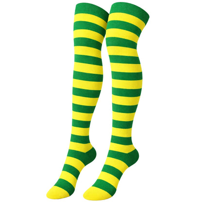 Womens Over Knee Socks Striped Thigh High Stockings Long Stretch - Green/Gold