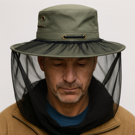 Deluxe MOSQUITO HAT NET Head Protector Bee Bug Mesh Mozzie Insect Fishing Fly - Black.