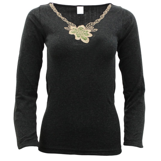 Ladies Merino Wool Blend Long Sleeve Thermal Spencer Top Thermals Underwear - Black - 20-22