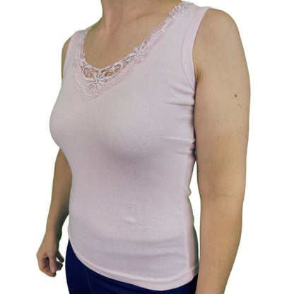 Ladies Sleeveless Singlet Top Womens Summer Basic Tank Shirt Lace Motif Front - Pink - 14-16