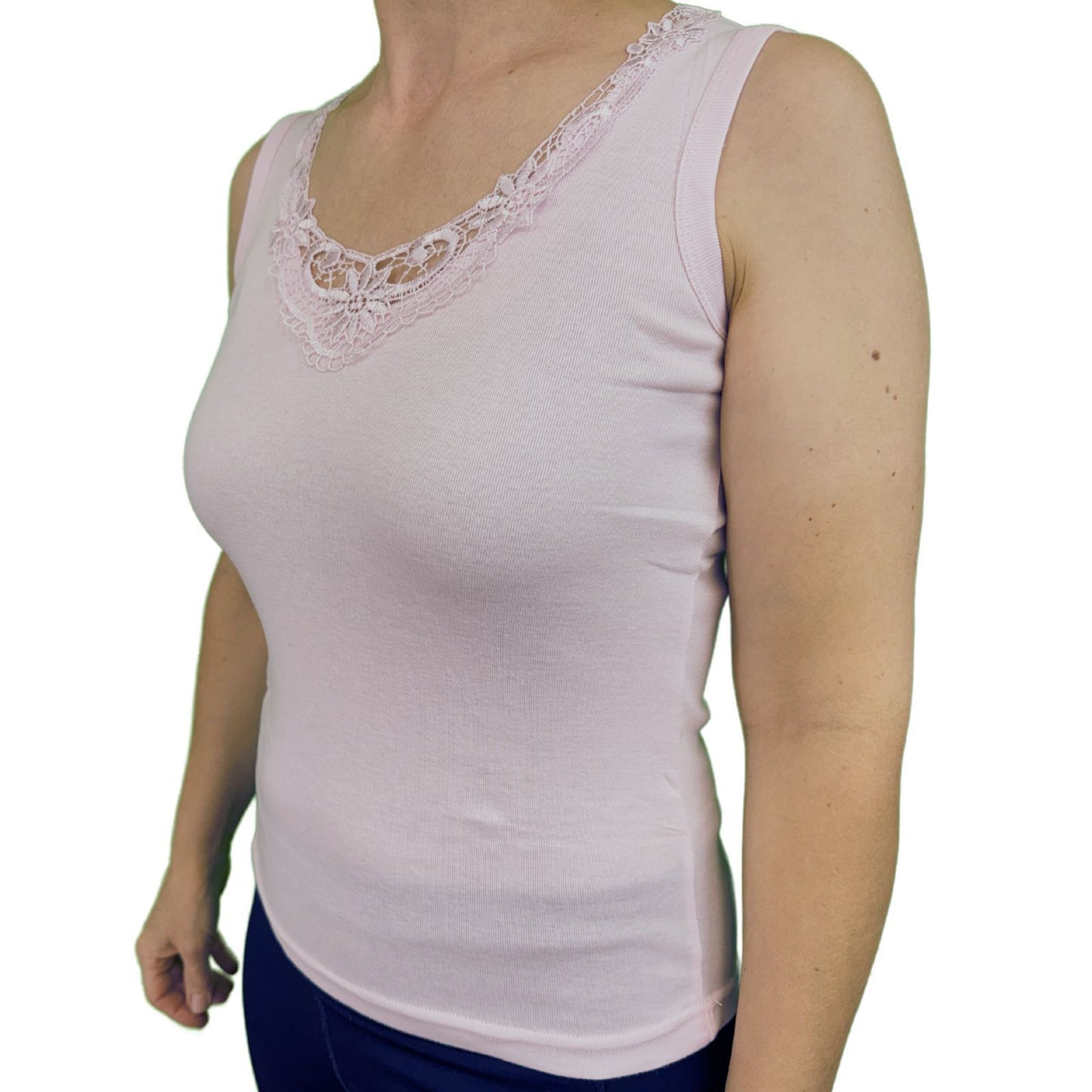 Ladies Sleeveless Singlet Top Womens Summer Basic Tank Shirt Lace Motif Front - Pink - 14-16