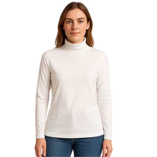 Ladies SKIVVY Womens Long Sleeve Plain Top Warm Turtleneck Cotton High Neck in White - L