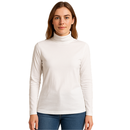 Ladies SKIVVY Womens Long Sleeve Plain Top Warm Turtleneck Cotton High Neck in White - S