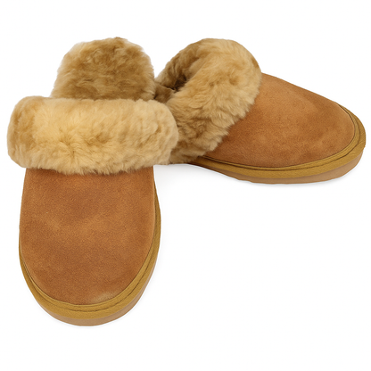 Sheepskin Wool Womens Slippers Scuffs Slip On Winter Ugg Slippers in Chestnut - 10