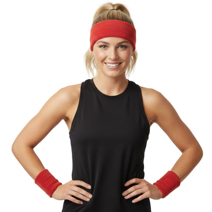 WRISTBAND & HEADBAND SET Tennis Terry Towelling Cotton Sweat Band Team Gym  - Red