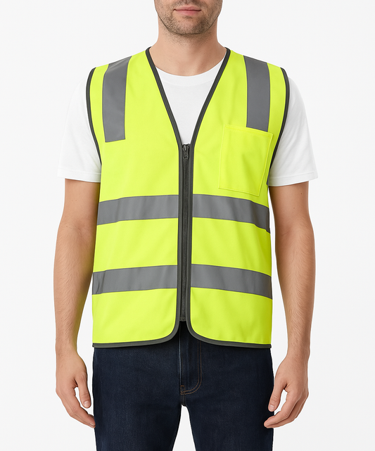 Hi Vis Safety Vest Reflective Tape Zip Up Workwear Pocket High Visibility in Yellow - M.
