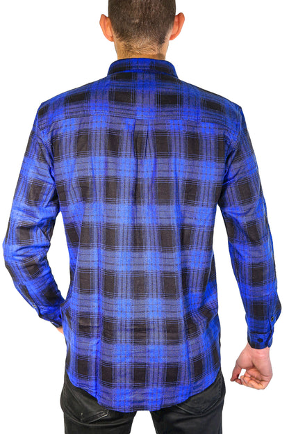 Mens Flannelette Long Sleeve Shirt 100% Cotton Check Authentic Flannel - Full Placket - Royal Blue  - 3XL