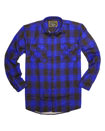 Mens Flannelette Long Sleeve Shirt 100% Cotton Check Authentic Flannel - Full Placket - Royal Blue  - M
