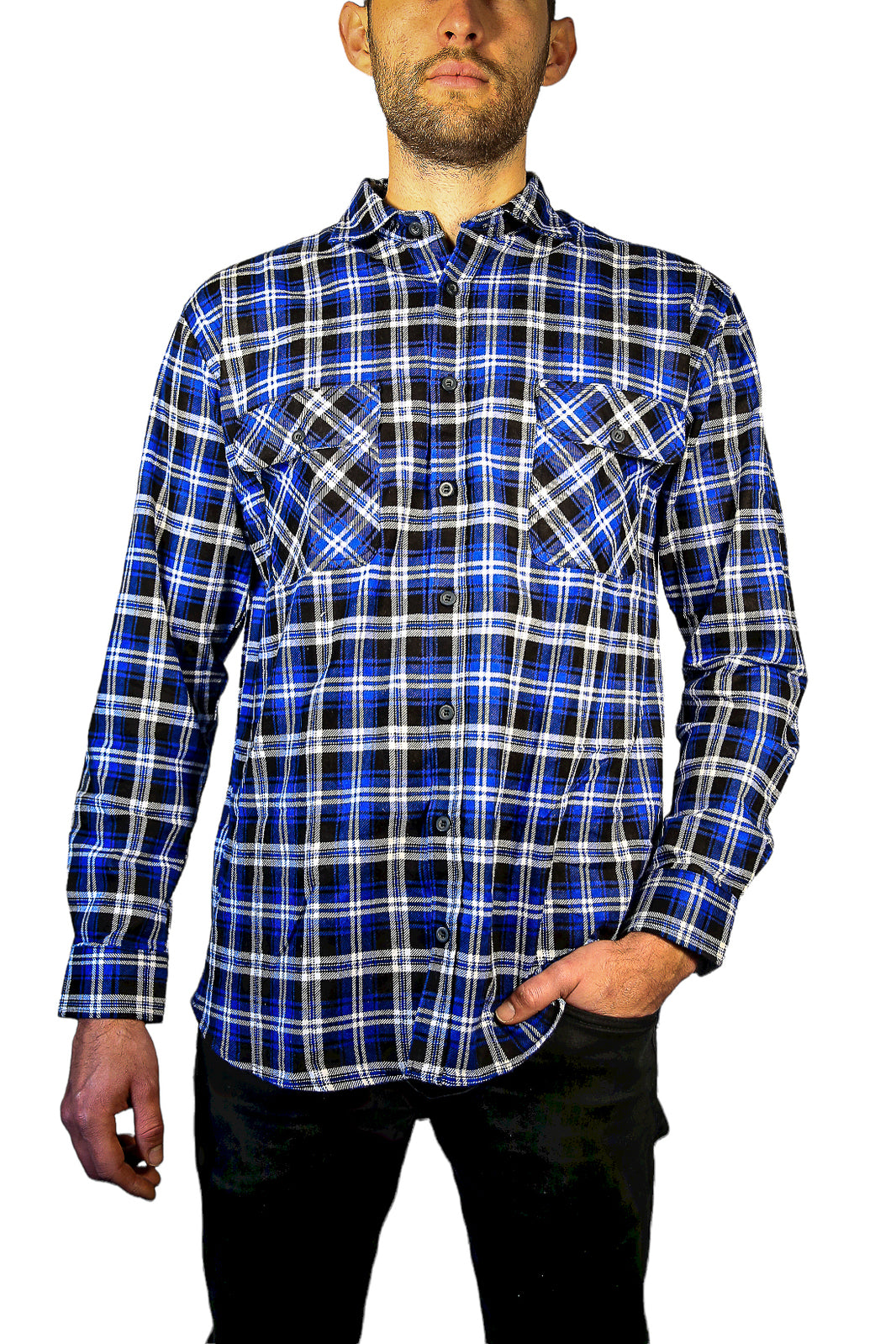Mens 100% Cotton Flannelette Shirt Long Sleeve Check Authentic Flannel - Denim - 9XL