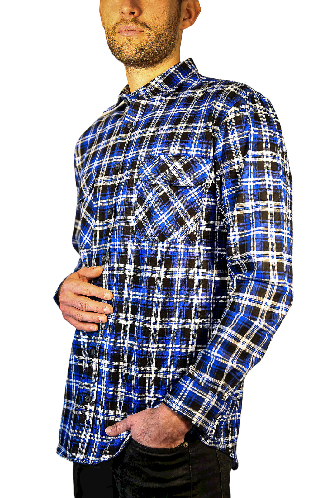 Mens 100% Cotton Flannelette Shirt Long Sleeve Check Authentic Flannel - Denim - 9XL