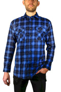 Mens 100% Cotton Flannelette Shirt Long Sleeve Check Authentic Flannel - Blue - 4XL
