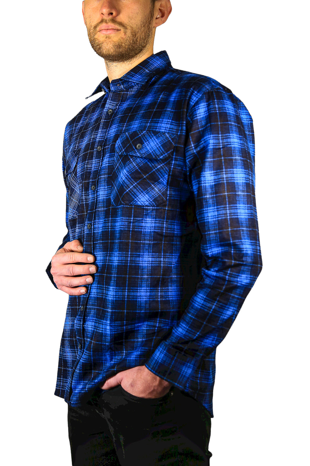 Mens 100% Cotton Flannelette Shirt Long Sleeve Check Authentic Flannel - Blue - 4XL