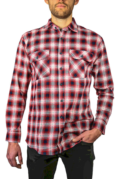 Mens 100% Cotton Flannelette Shirt Long Sleeve Check Authentic Flannel - Red/Navy - 5XL