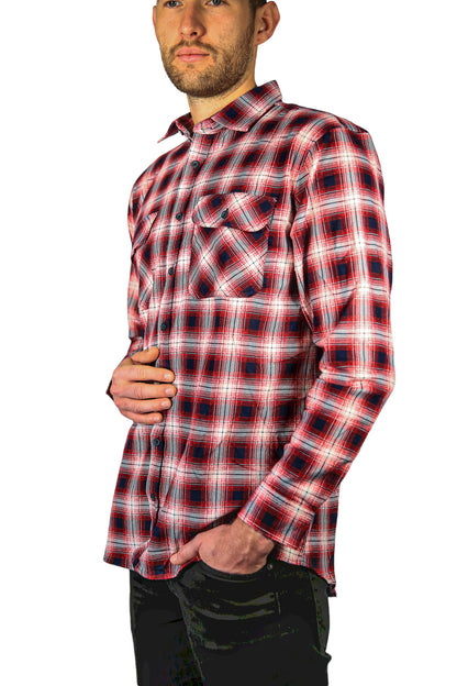 Mens 100% Cotton Flannelette Shirt Long Sleeve Check Authentic Flannel - Red/Navy - 8XL