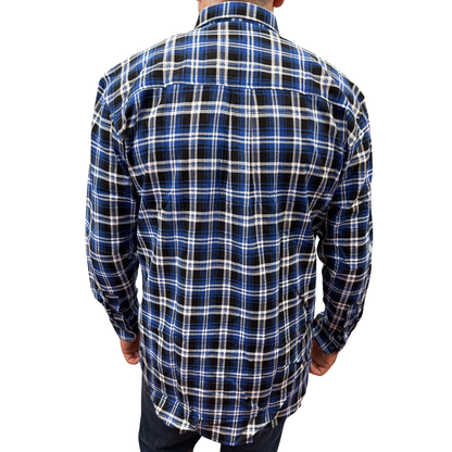 Mens Flannelette Long Sleeve Pullover Shirt 100% Cotton Flannel - Half Placket - Blue/Black - 5XL