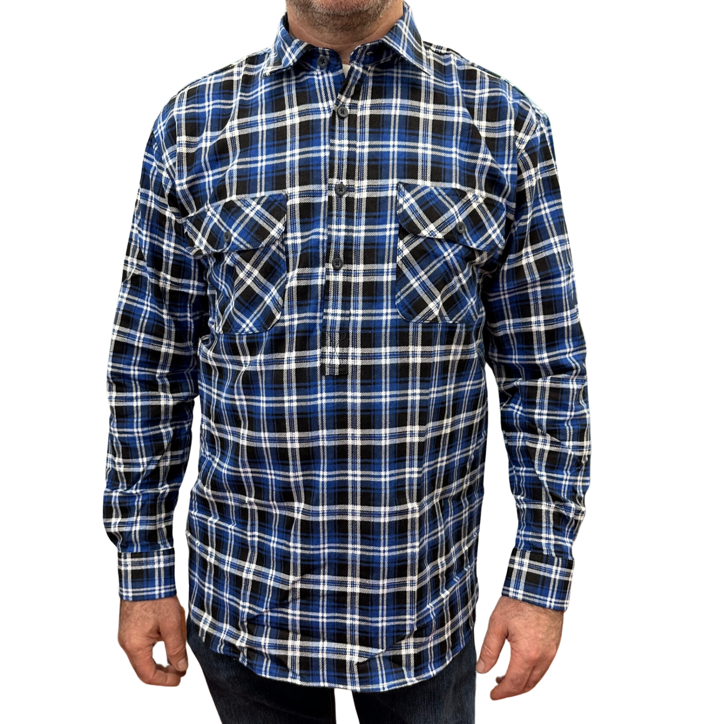 Mens Flannelette Long Sleeve Pullover Shirt 100% Cotton Flannel - Half Placket - Blue/Black - 6XL