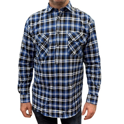 Mens Flannelette Long Sleeve Pullover Shirt 100% Cotton Flannel - Half Placket - Blue/Black - 6XL