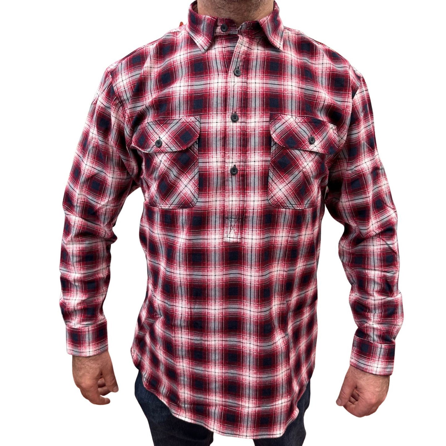 Mens Flannelette Long Sleeve Pullover Shirt 100% Cotton Flannel - Half Placket - Red/Navy - 7XL
