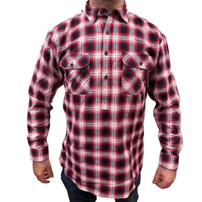 Mens Flannelette Long Sleeve Pullover Shirt 100% Cotton Flannel - Half Placket - Red/Navy - 7XL